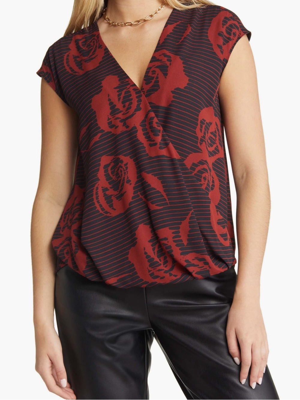Halogen Burgandy Red Rose Print Surplice Sleeveless Top Size M